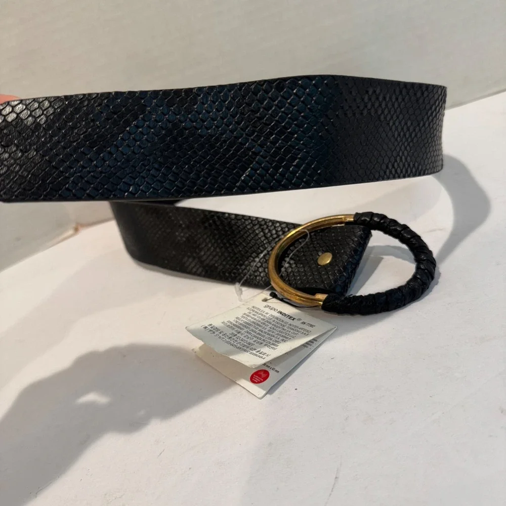 NEW Zara Snakeskin Embossed‎ Belt Womens M/L 33in Black Braided Gold Buckle Wide